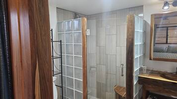 Shower, towels, toilet paper