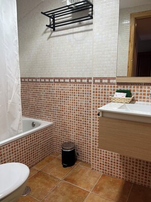 Hair dryer, towels, soap, toilet paper
