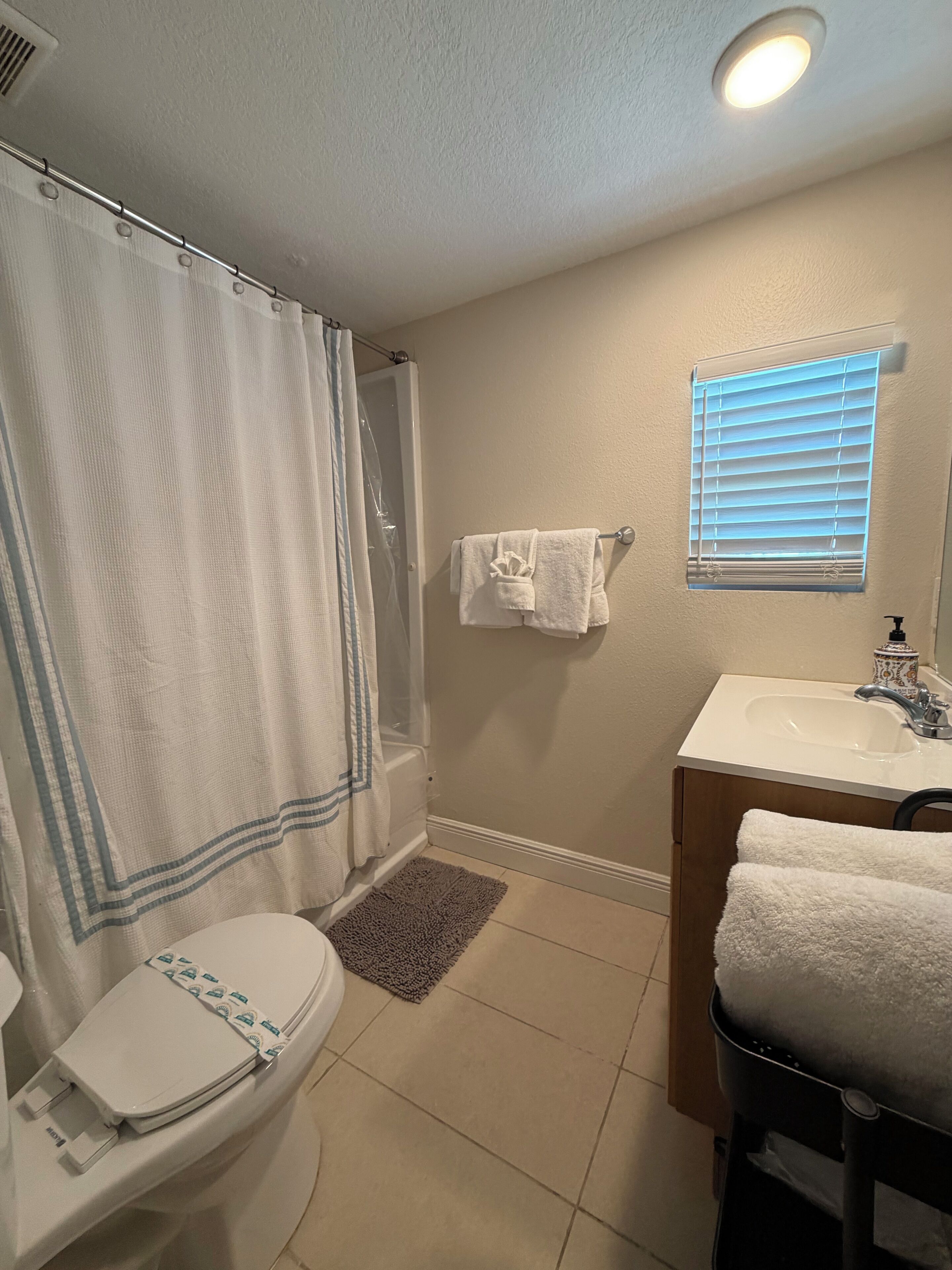 Hair dryer, towels, soap, toilet paper