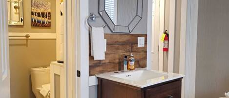 Hair dryer, towels, soap, toilet paper