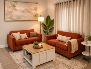 Ein Wohnzimmer mit zwei orangefarbenen Sofas, einem weißen Couchtisch, einer Lampe, einer großen Pflanze und einem Bild an der Wand.
