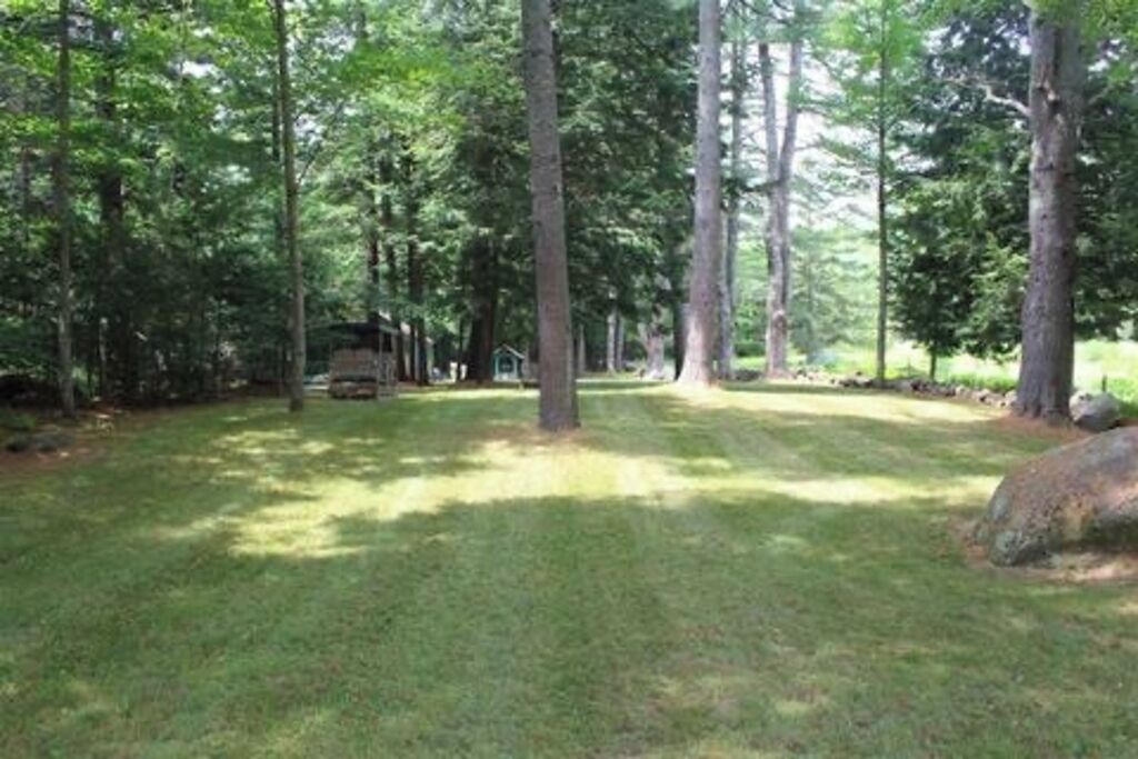 A campground with a grassy area, trees, and a small structure in the distance.