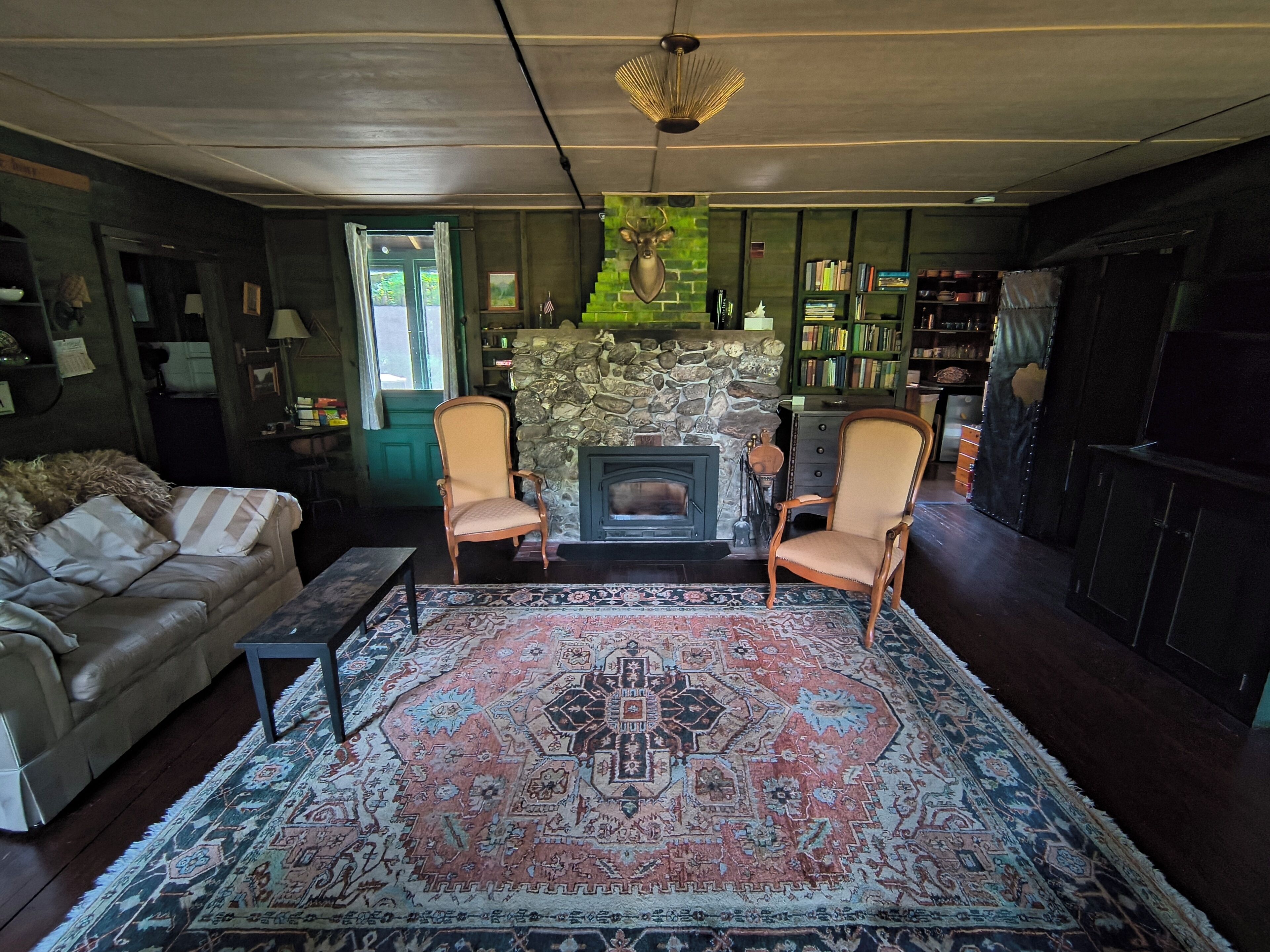 Un salon chaleureux avec une cheminée, deux fauteuils, un tapis à motifs, une bibliothèque et un mur vert.