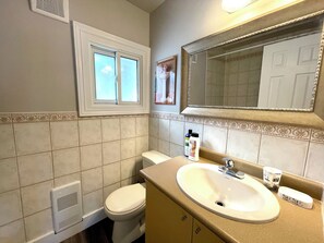 Séchoir à cheveux, savon, papier de toilette