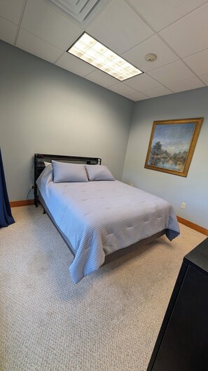 Ein Schlafzimmer mit einem Bett, einem Bild an der Wand und einer Deckenleuchte.