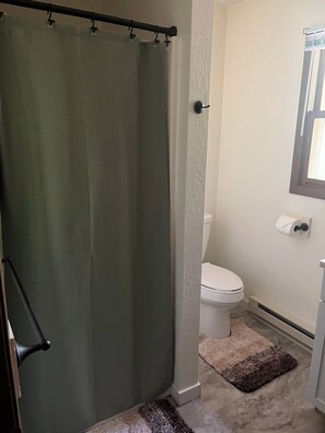 Shower, towels, soap, toilet paper - Rustic, lake-side,  4-bedroom cabin at Oak Grove Resort (Chetek)