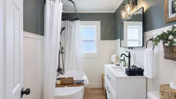 Hair dryer, towels, soap, shampoo