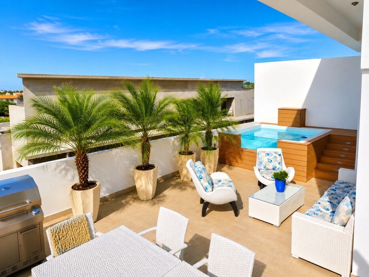 A rooftop terrace with outdoor seating, a hot tub, and potted plants.