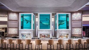 Zona de bar con un acuario central, taburetes y mostrador.