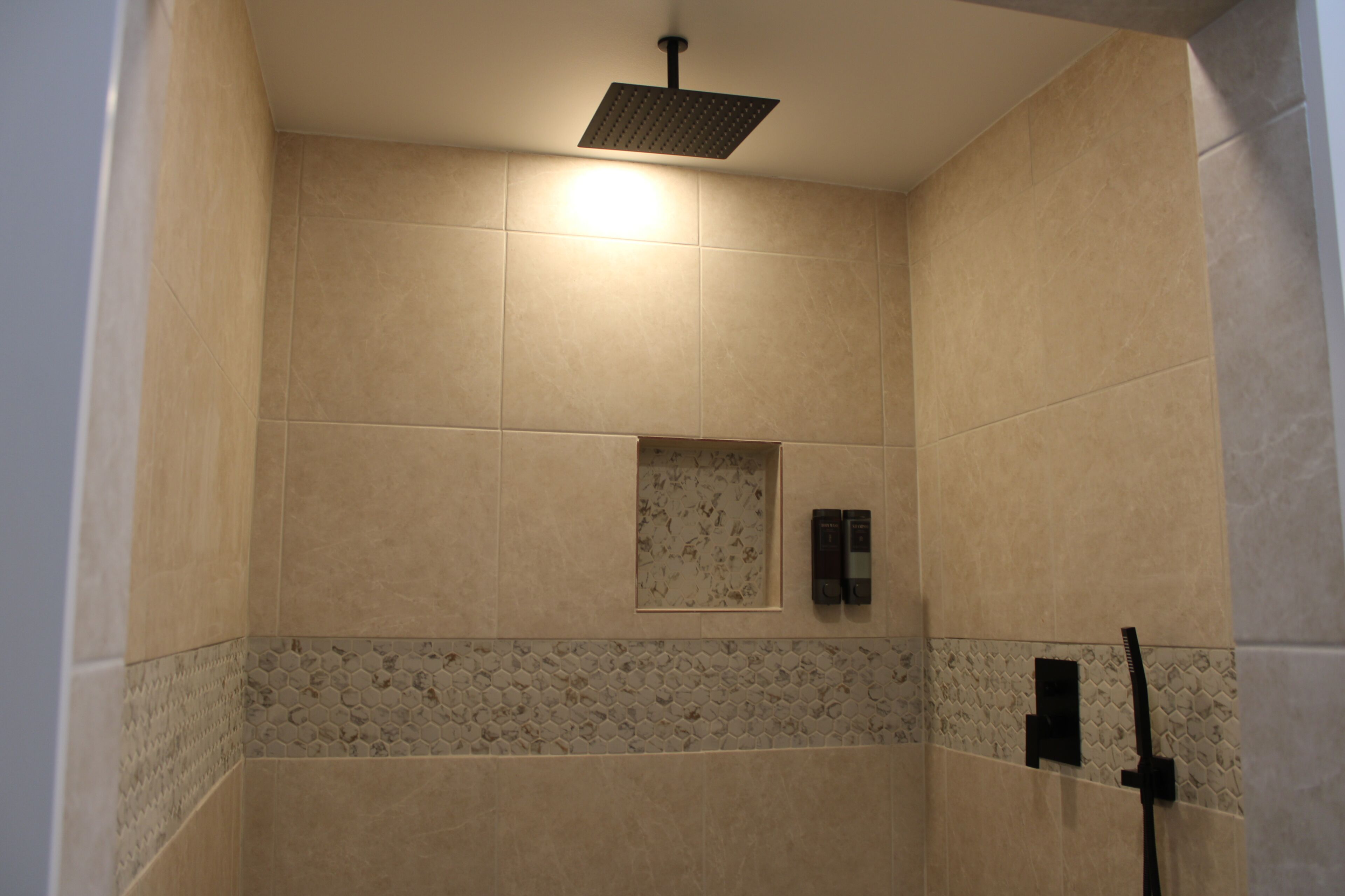 Shower, towels, soap, toilet paper