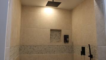 Shower, towels, soap, toilet paper