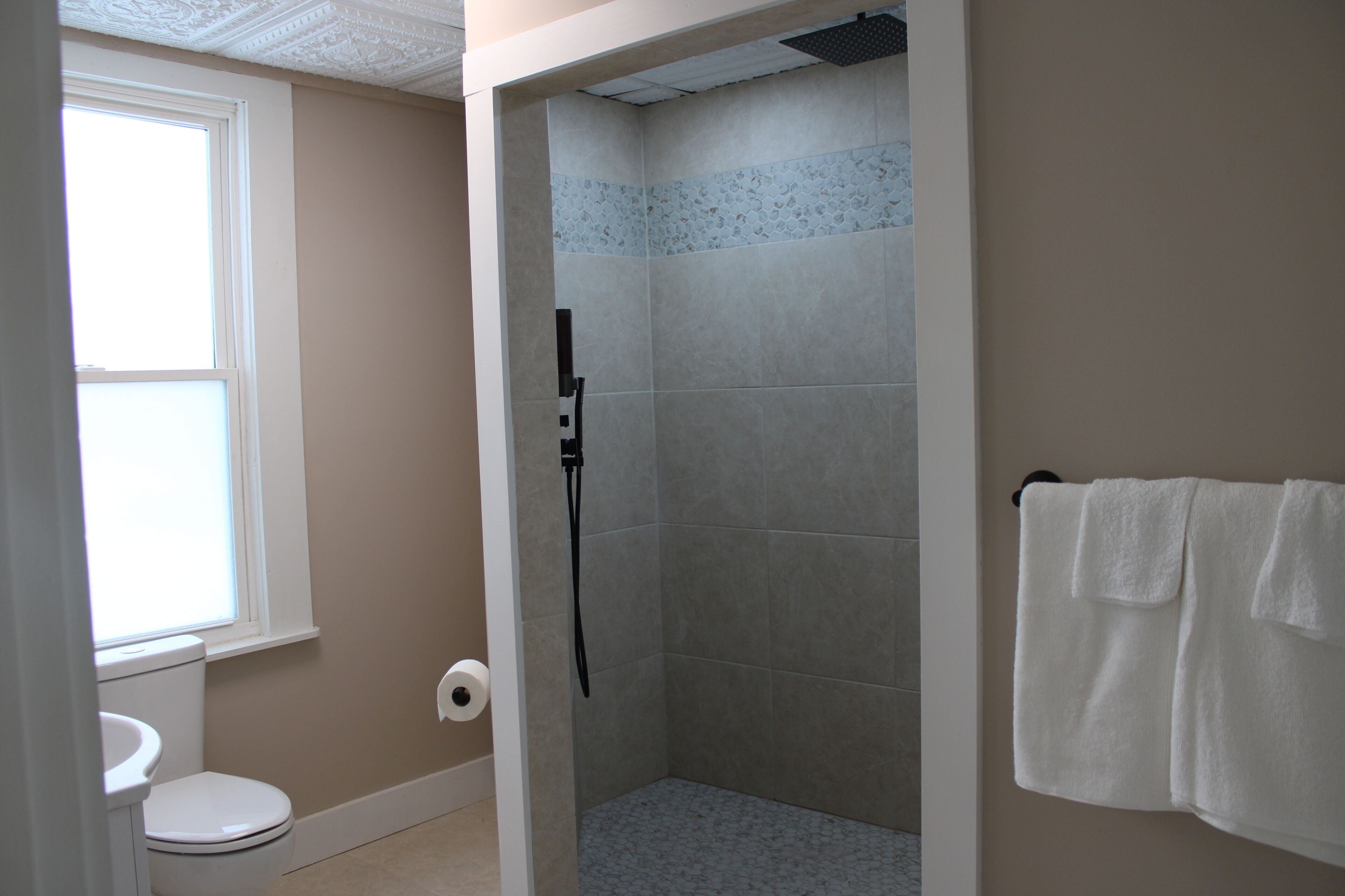 Shower, towels, soap, toilet paper