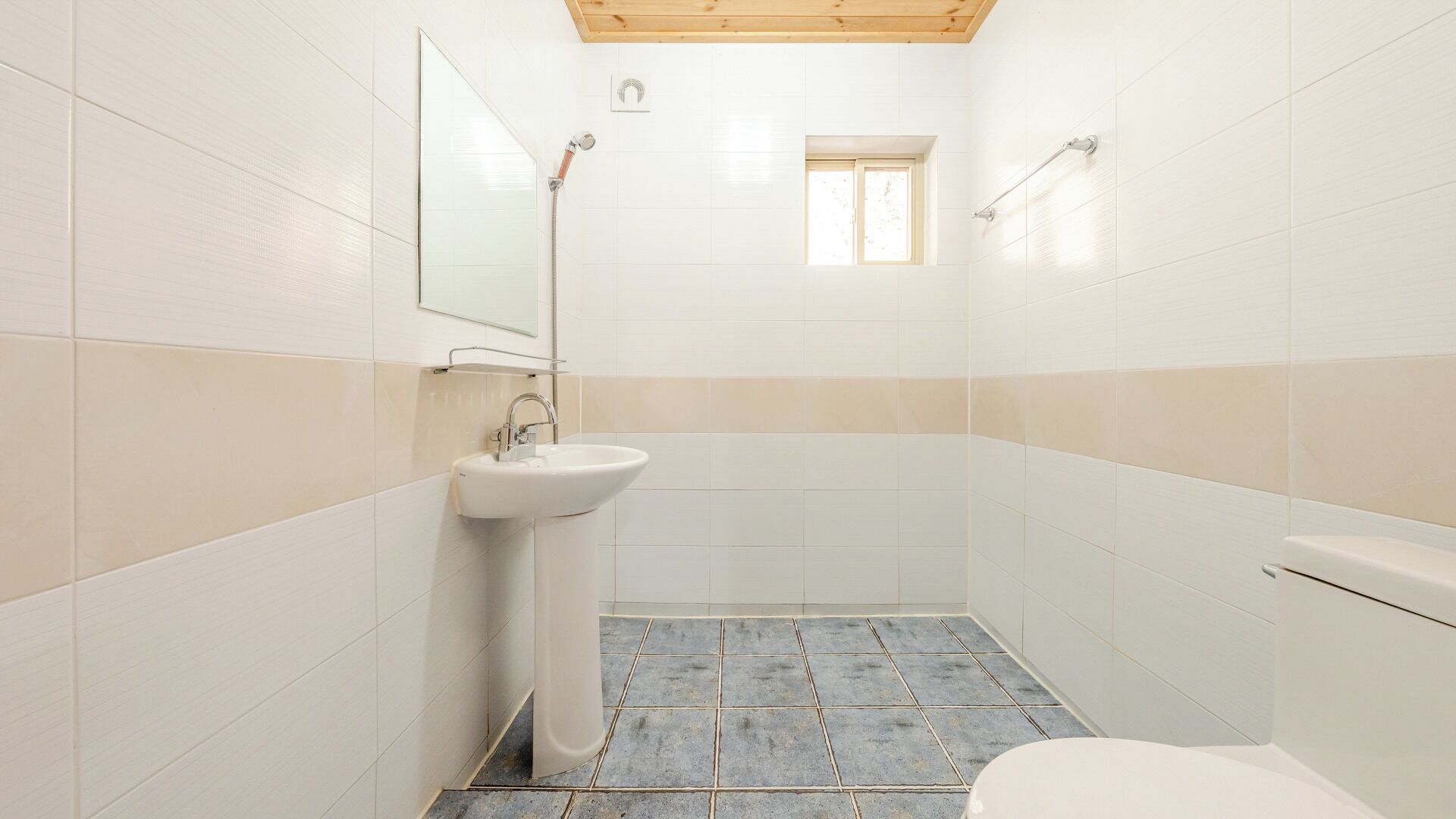 A bathroom with a sink, mirror, shower, and toilet.