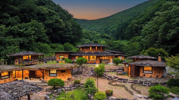 A traditional Japanese-style resort with multiple buildings, surrounded by lush greenery and a mountainous backdrop. - Mungyeong Between Mountains Pet Pension (Mungyeong)