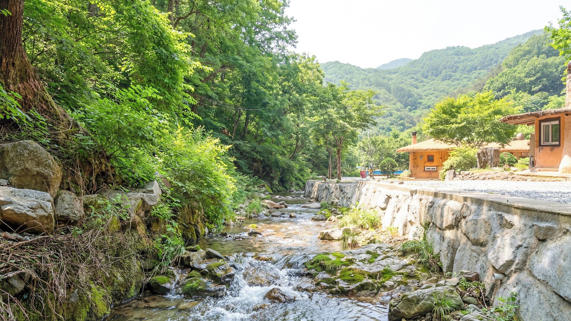 A river flowing through a forested area with a stone wall and a small building on the right.