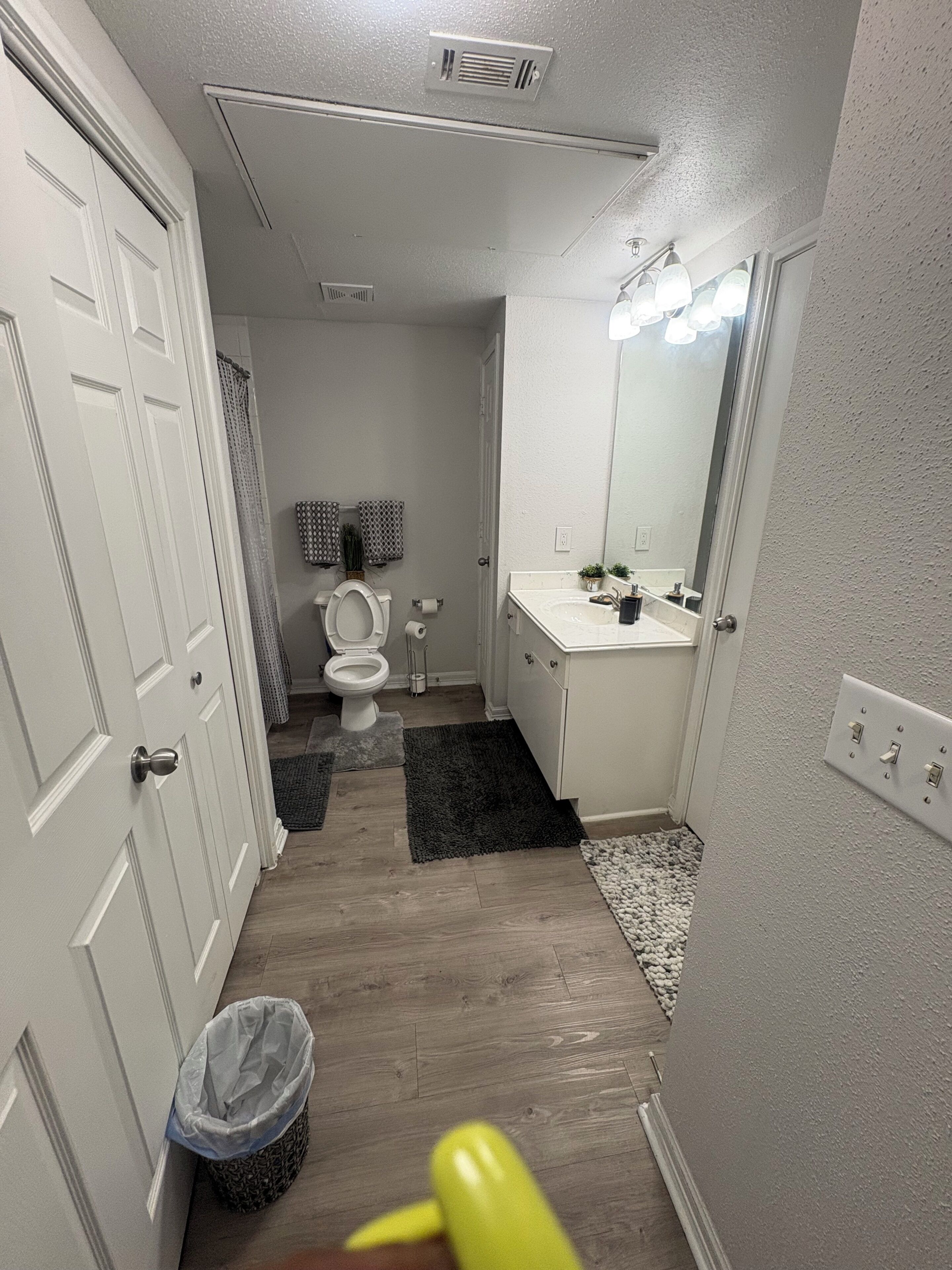 A bathroom with a toilet, sink, mirror, and a shower curtain.