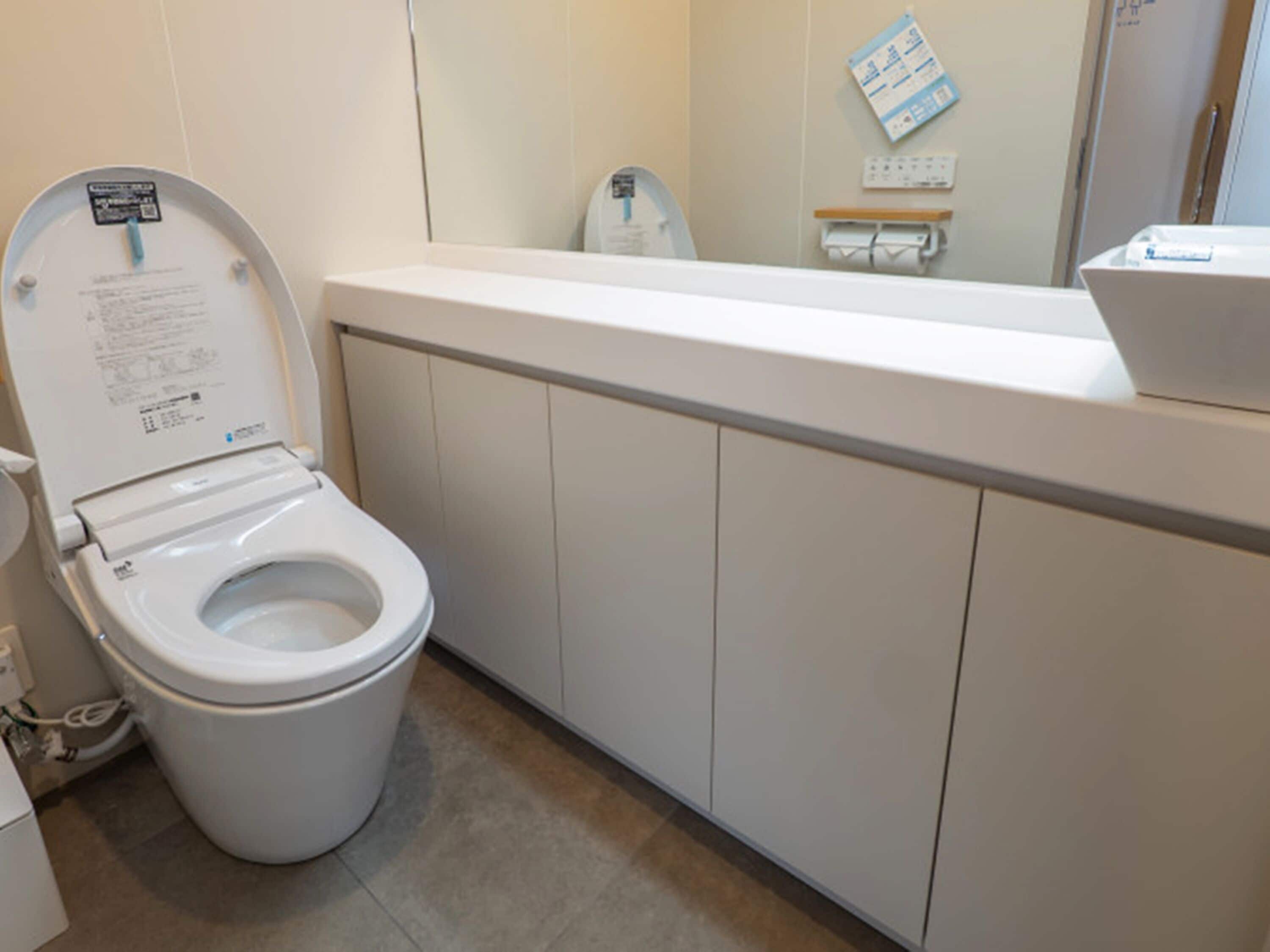 A modern bathroom with a toilet, a sink, and a mirror.