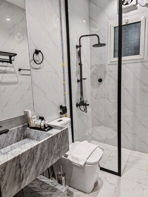 Shower, towels, soap, toilet paper