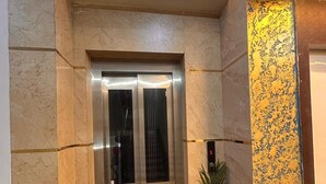 An elevator with a metallic finish, a potted plant beside it, and a textured wall to the right. - Hotel Runway (Barakpur)