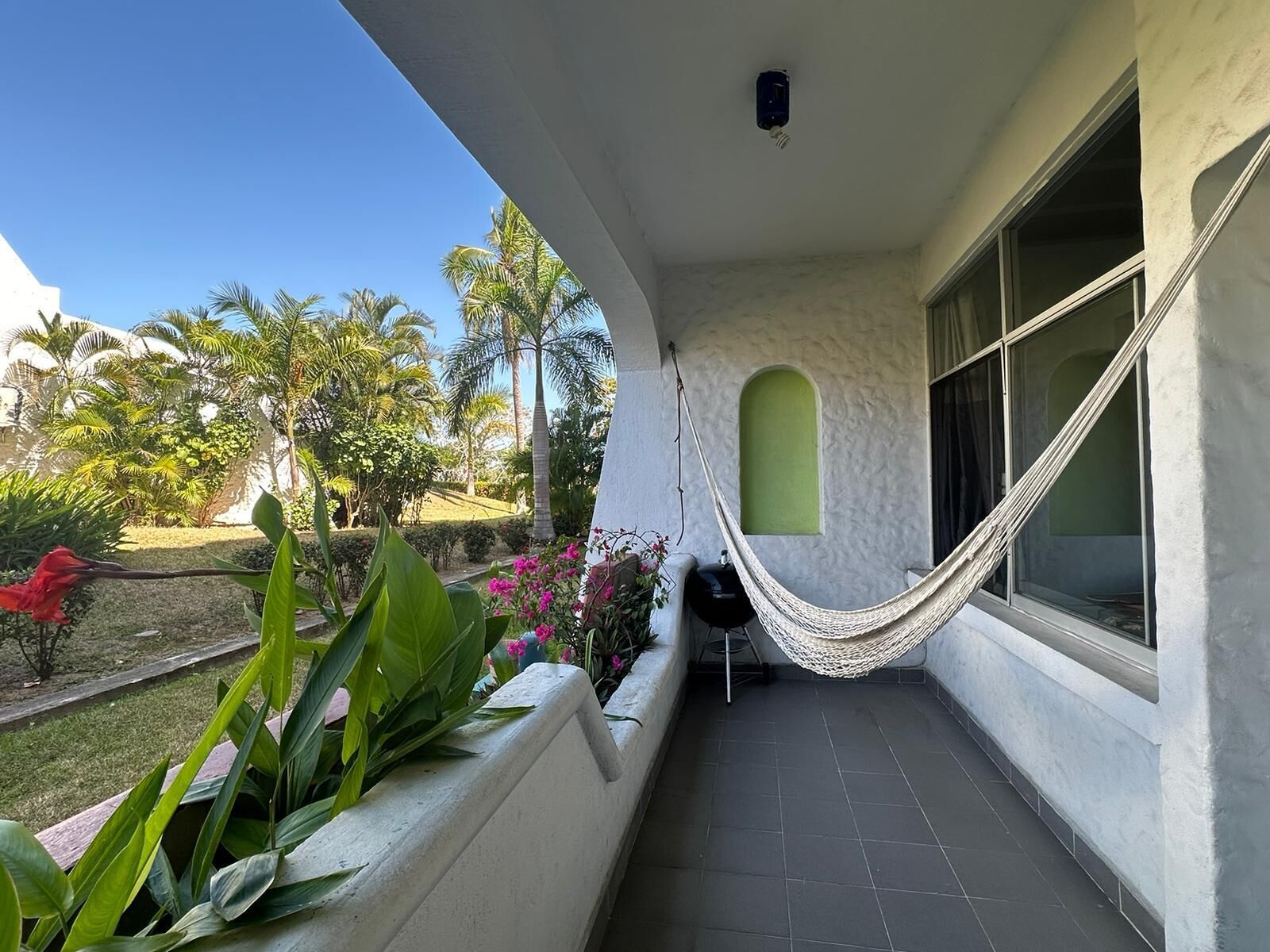 A balcony with a hammock, a small green window, and a view of a garden with palm trees and flowers.