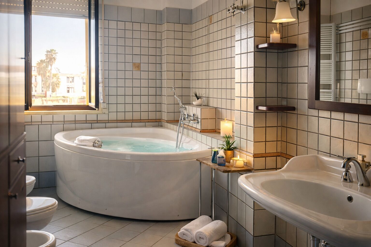 Vasca idromassaggio, asciugacapelli, bidet, asciugamani