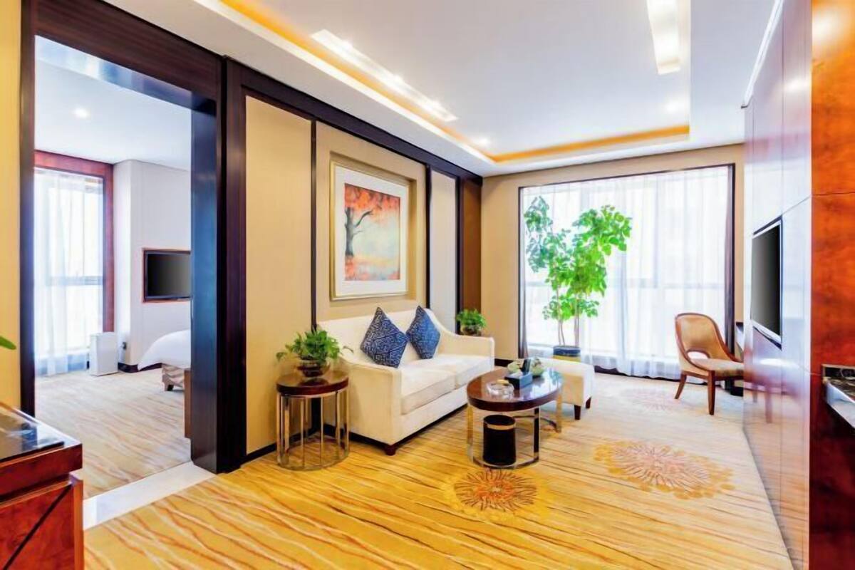 A modern living room with a sofa, coffee table, and a TV. There is a large window with a view of greenery outside.