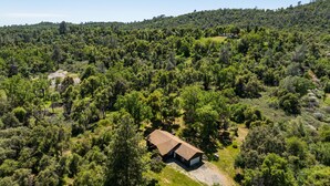 A house surrounded by dense forest, with a clear sky above. - Cozy Cabin! BBQ • Spa • Fire Pit • Kids Play Zone (Mariposa)
