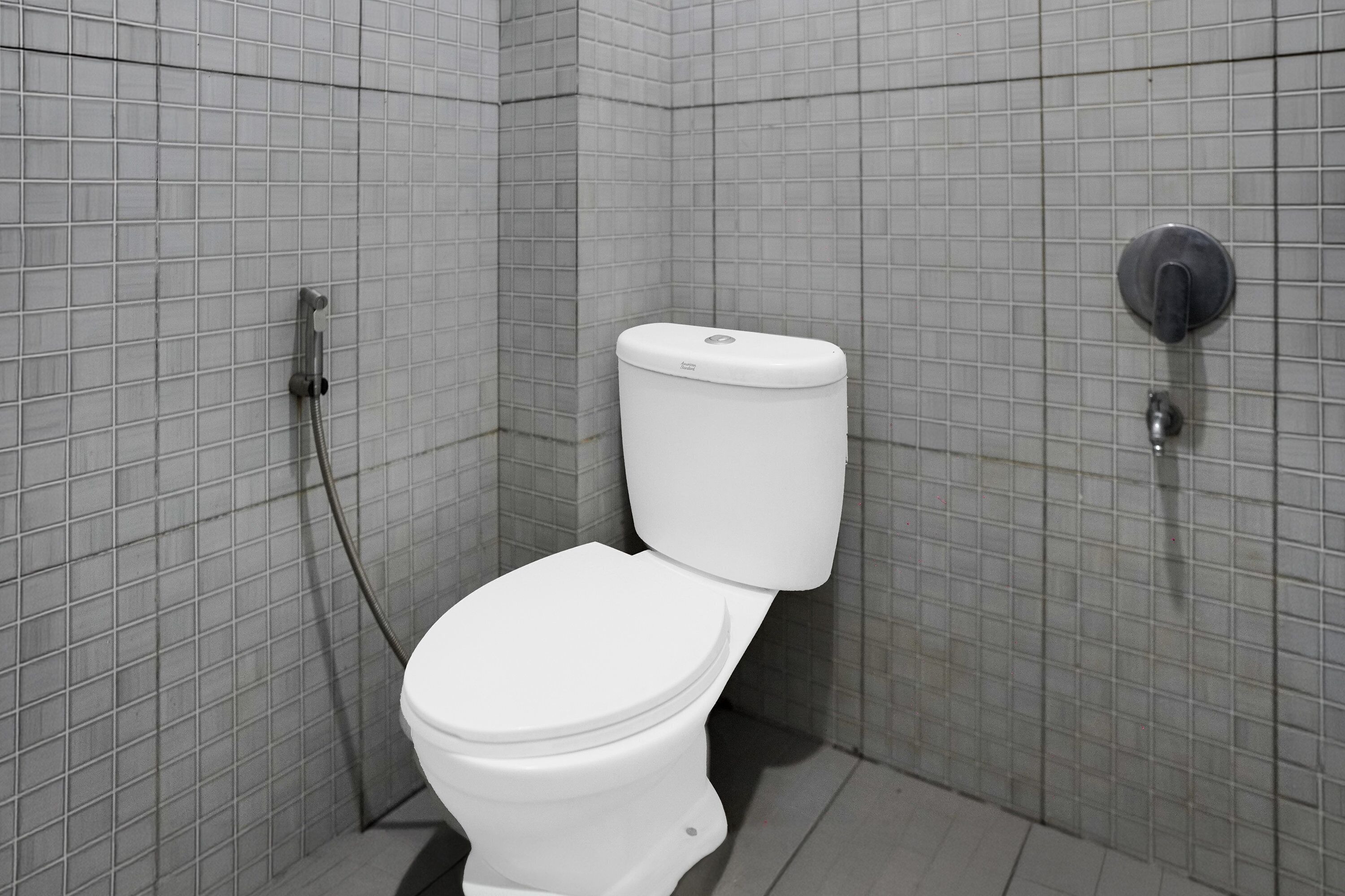 Een badkamer met een wit toilet, douche en betegelde wanden.