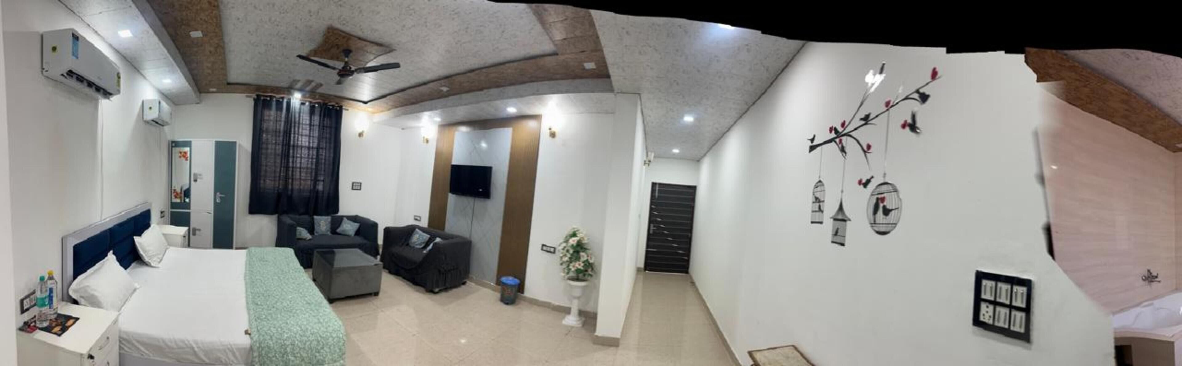 A hotel room with a bed, a sofa, a TV, and a ceiling fan.