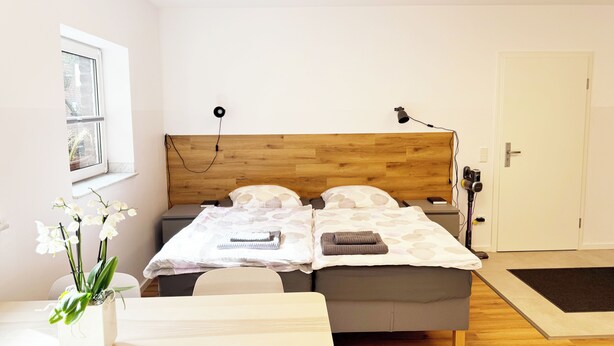 A bedroom with a wooden headboard, a bedside table, a chair, a desk, a potted plant, and a door. - Apartment "Prague" (Korschenbroich)