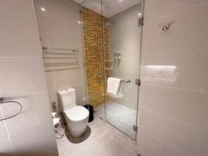 Secadora de cabello, toallas, jabón, papel de baño 