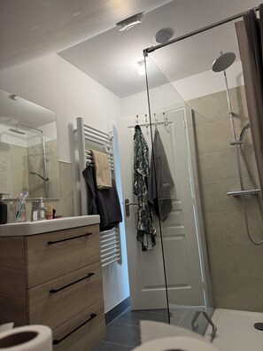Dusche, Haartrockner, HandtĂŒcher, Seife