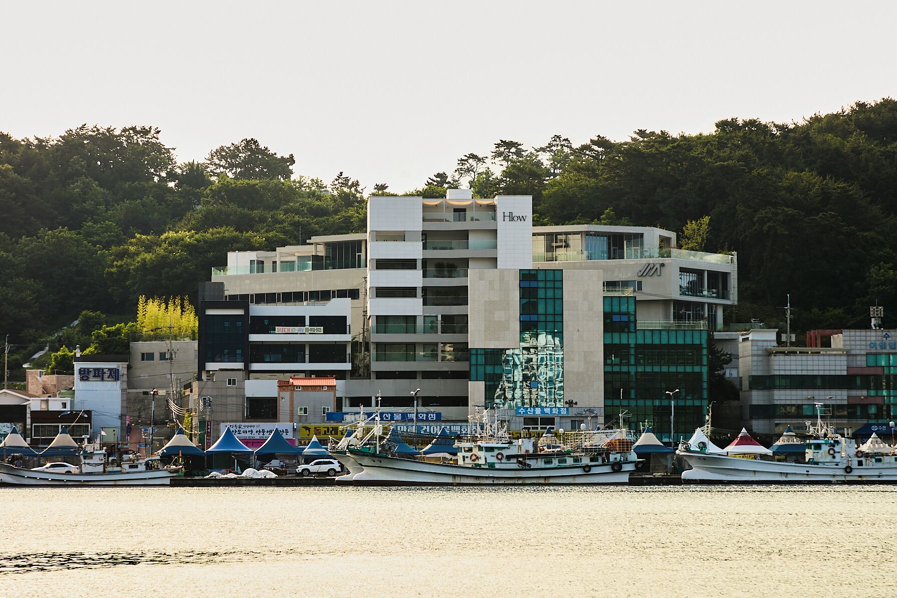 Zona costera con un edificio moderno, embarcaciones y una colina boscosa al fondo.