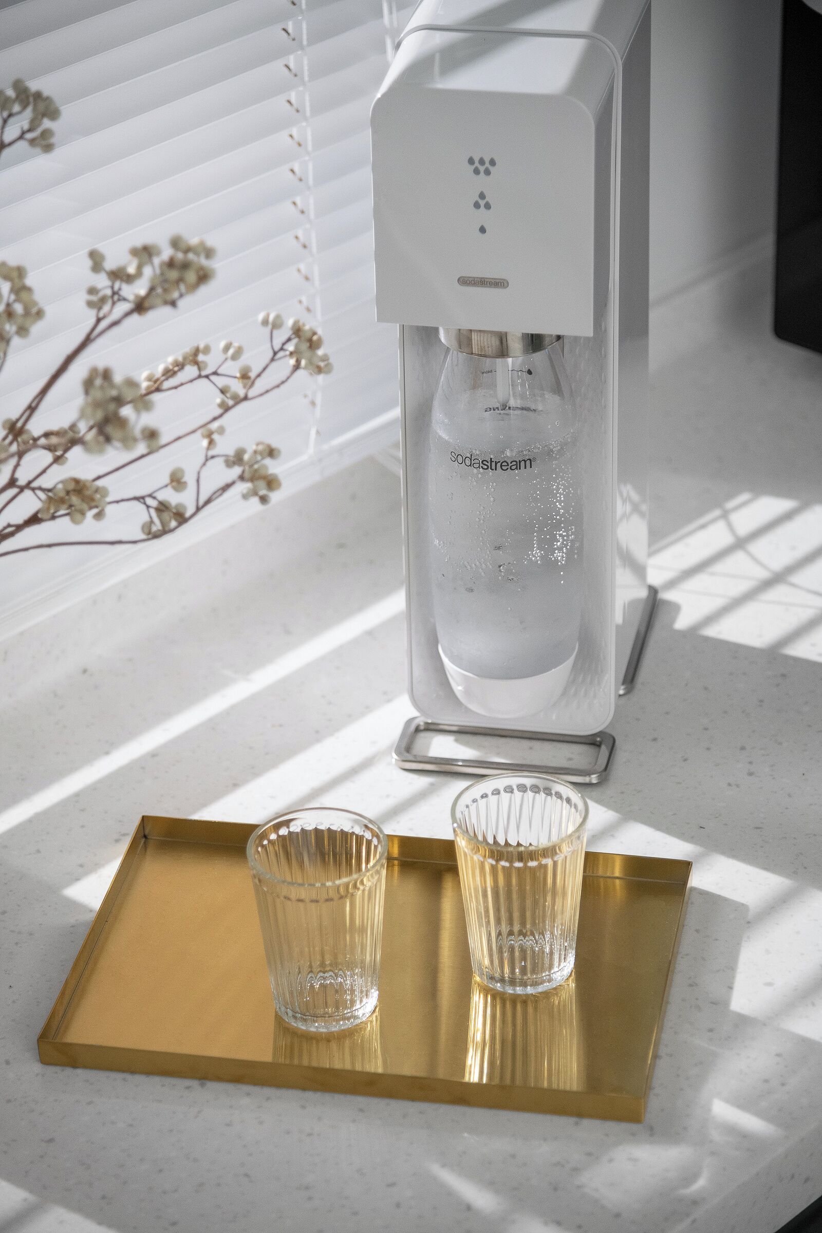 A water dispenser, two glasses on a tray, and a window with blinds and branches.
