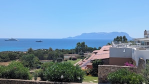 Une vue sur la côte, avec un grand yacht, un plus petit bateau et une montagne en arrière-plan.