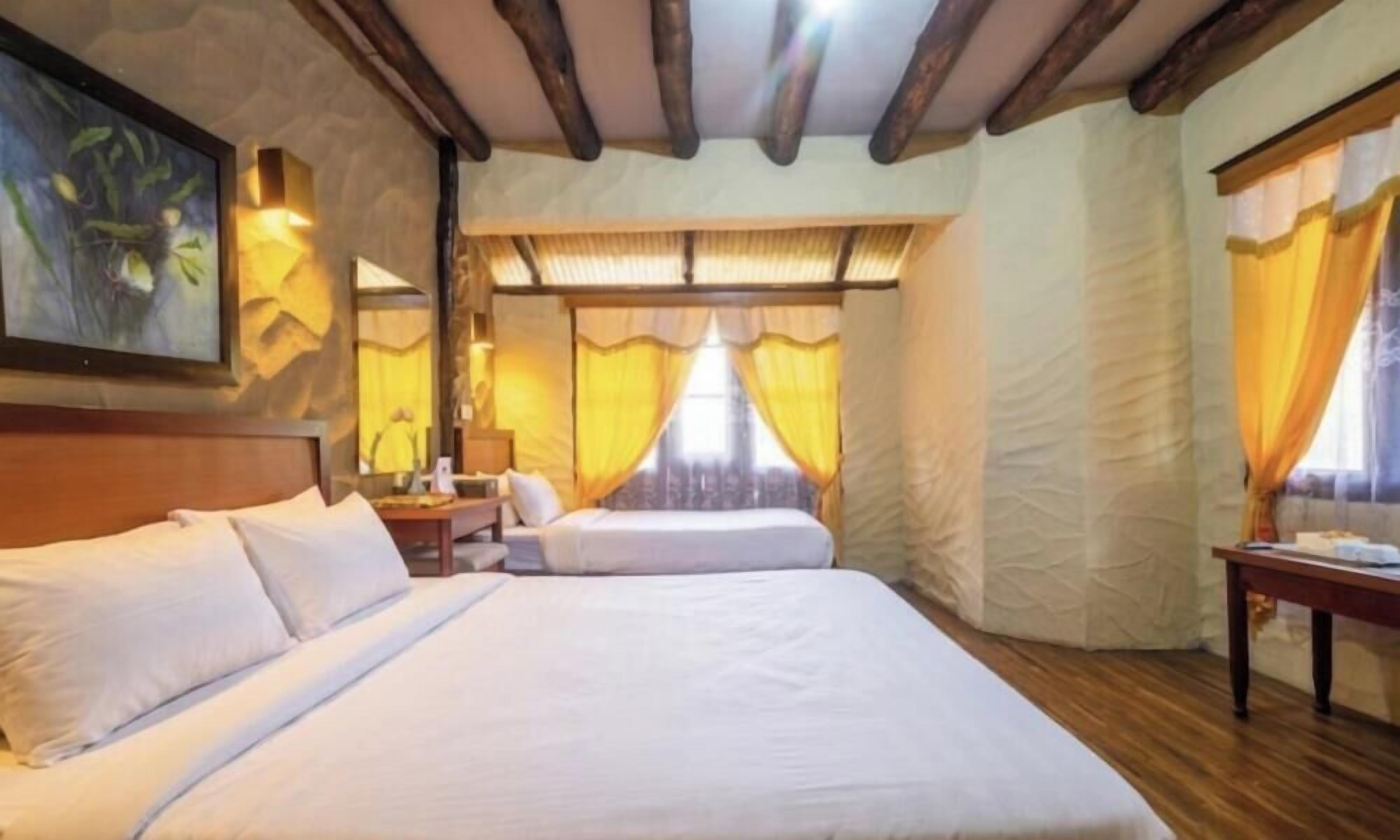 Une chambre à coucher avec un grand lit, une table de chevet, un bureau et une fenêtre avec des rideaux.