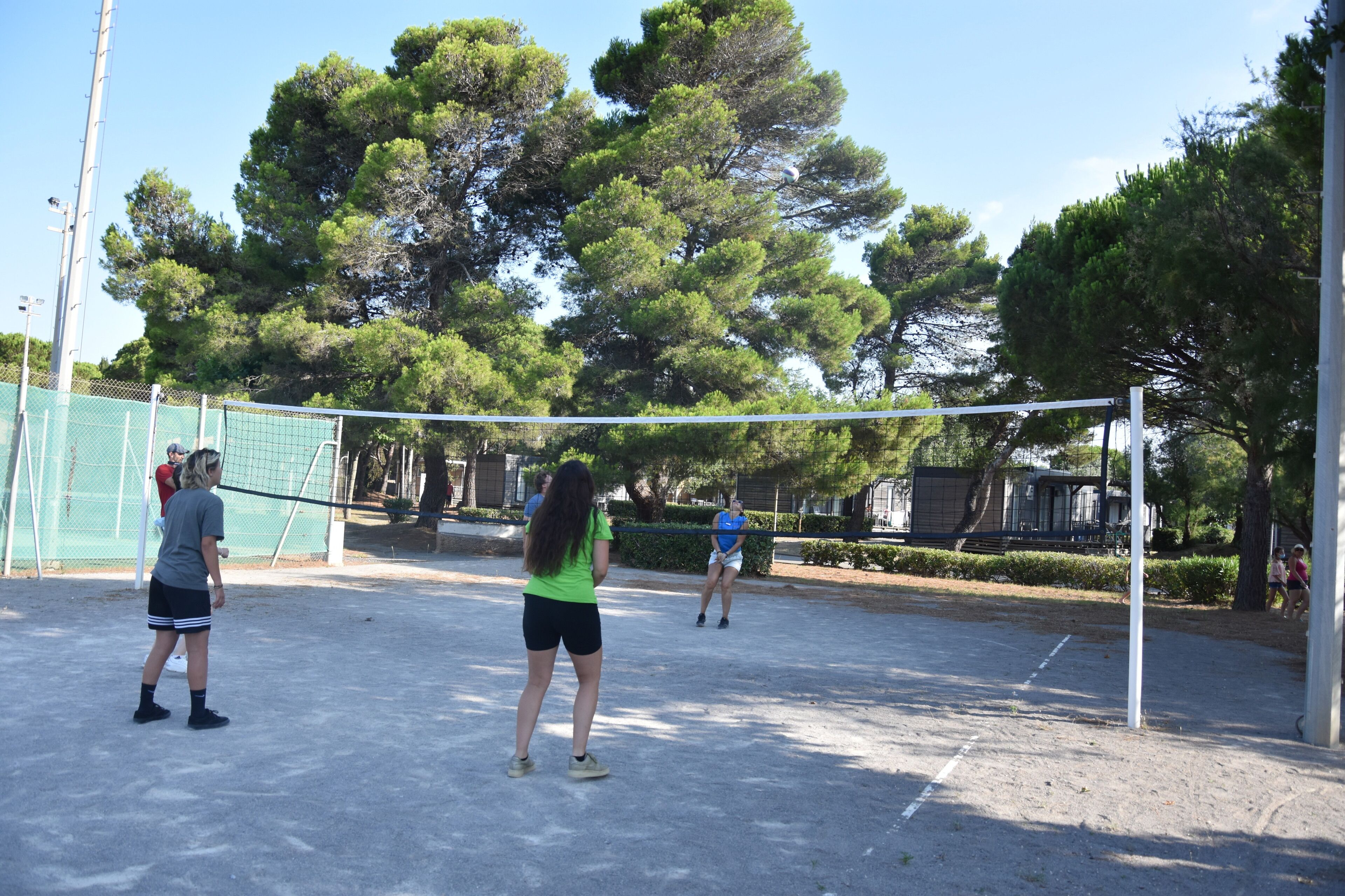 Una cancha de tenis al aire libre con una red, rodeada de árboles y una valla.