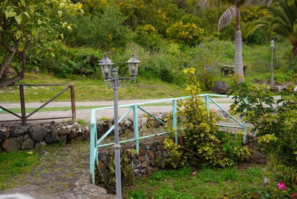 Un muro de piedra, una barandilla de metal y un sendero en un jardín con diversas plantas y árboles.