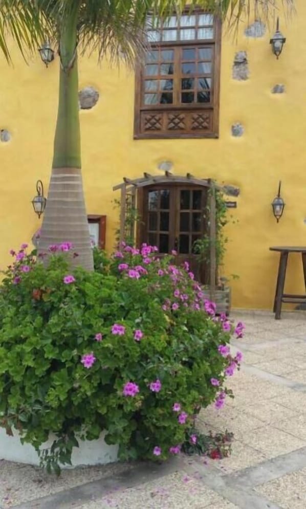 Un edificio amarillo con una ventana, una puerta y un pequeño jardín lleno de flores rosas.
