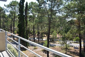 Une zone boisée avec un sentier pavé et une rambarde en métal.
