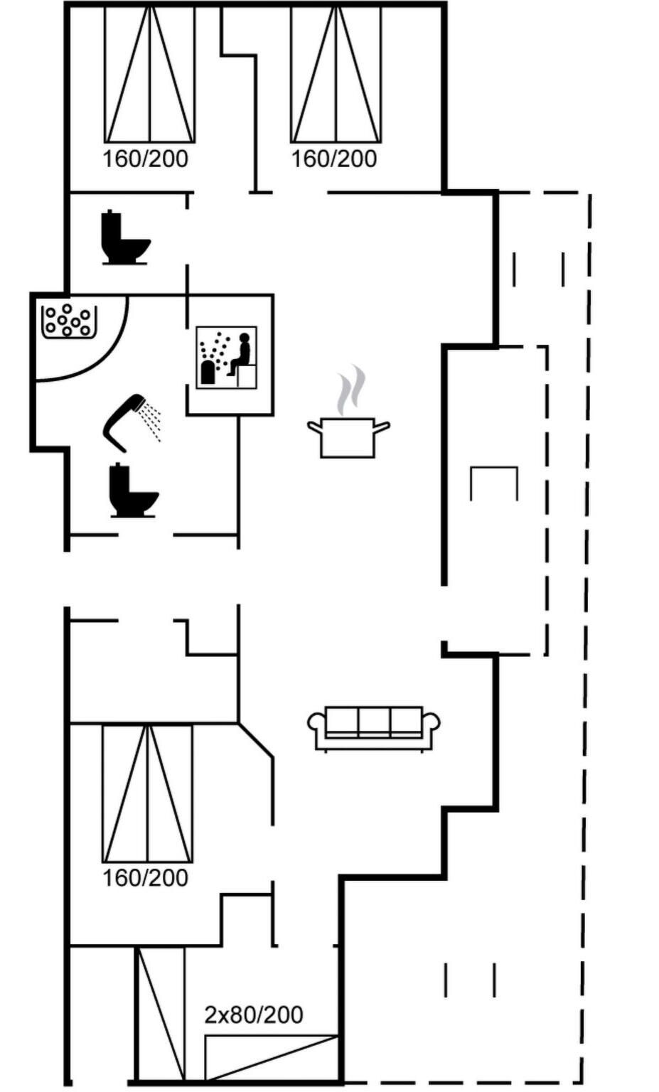 Een plattegrond met een keuken, twee badkamers, een woonkamer en een eetgedeelte.