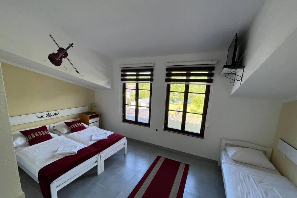 Un dormitorio con dos camas, un tapete a rayas rojo y blanco, un violín en la pared y ventanas con persianas.