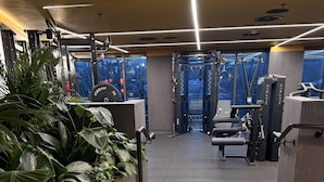 Uma academia com equipamentos de ginástica, uma grande planta em vaso e vista para o exterior.