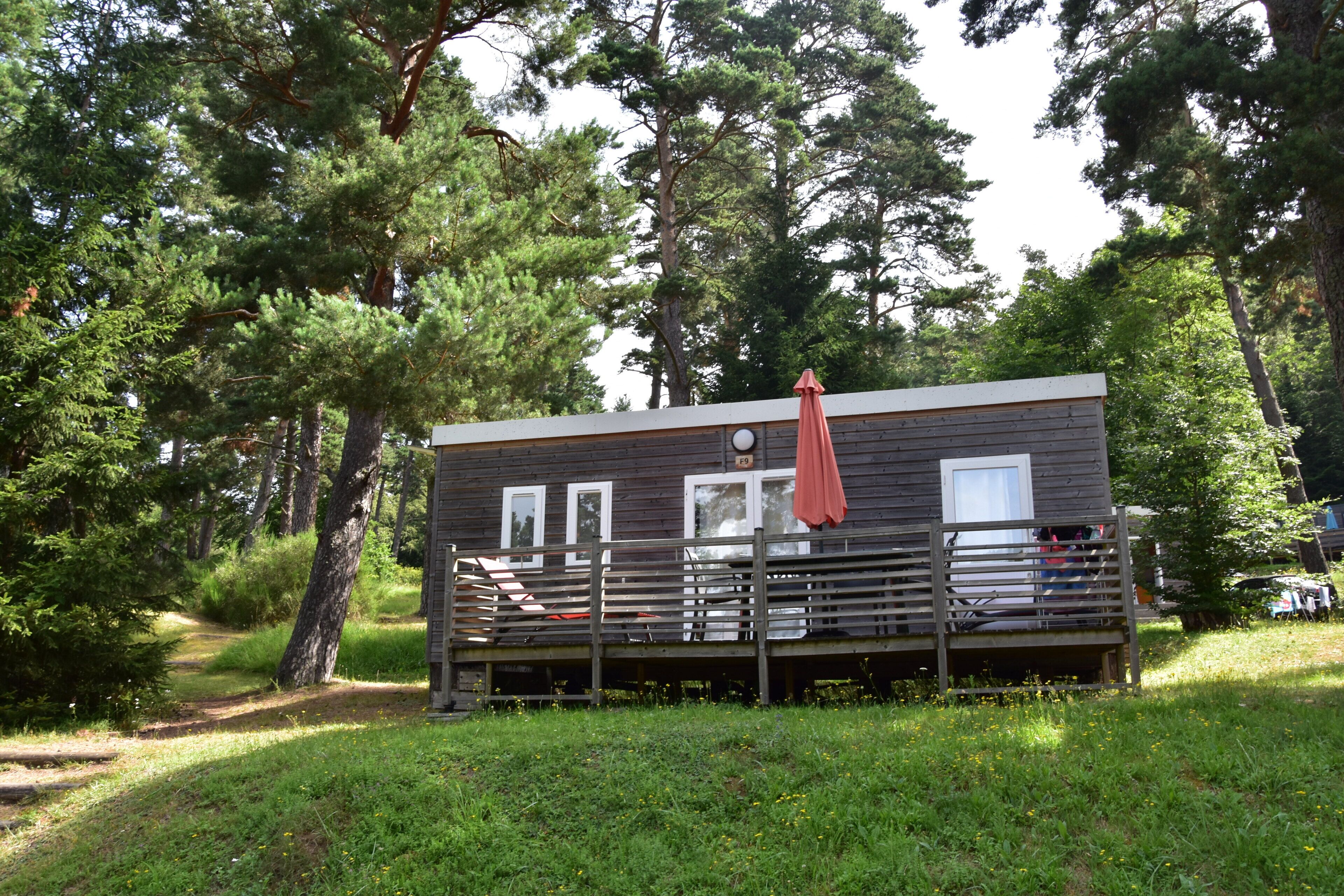 A cabin with a deck, surrounded by trees.