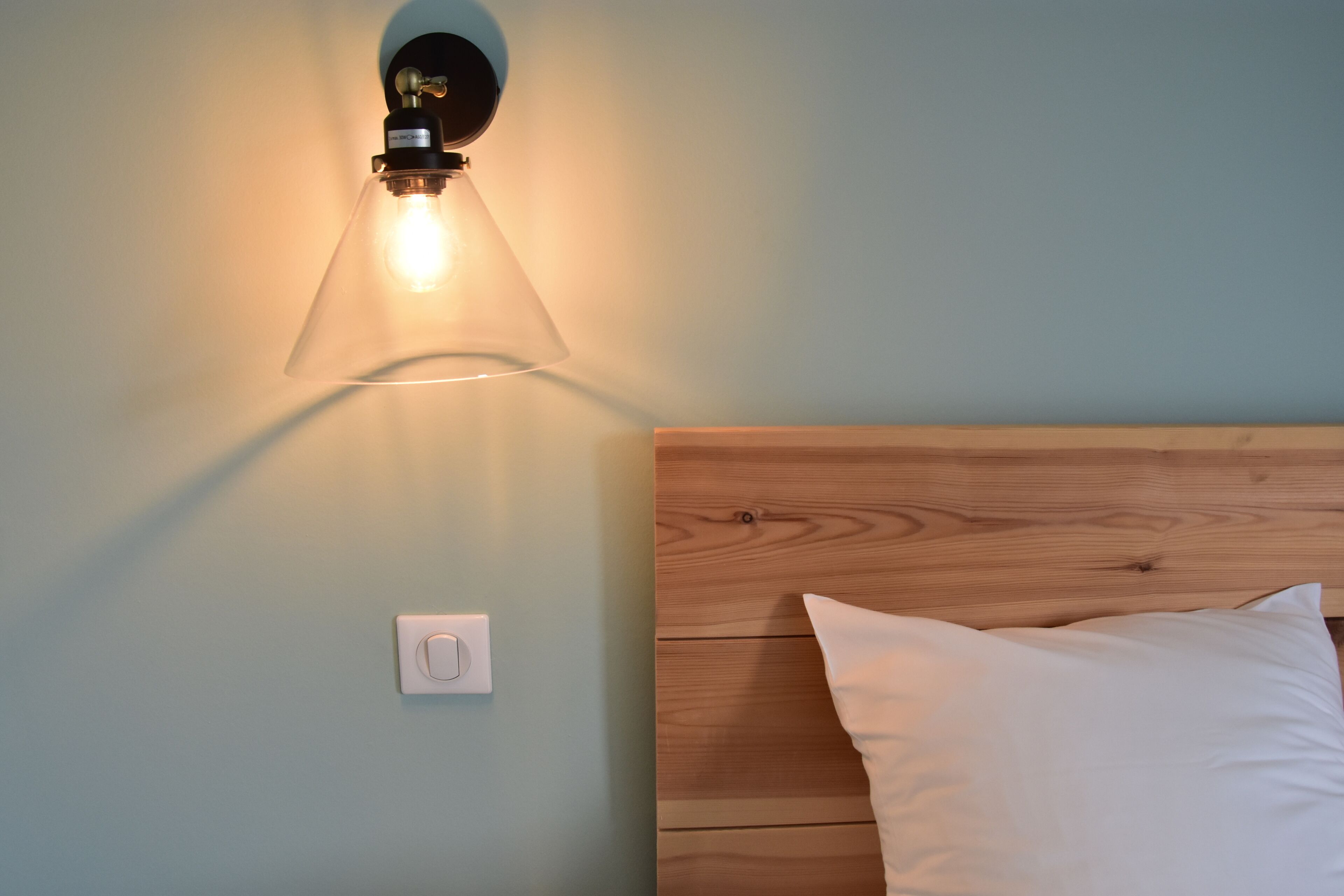 A room with a wooden headboard, a white pillow, a wall-mounted light fixture, and a light switch.