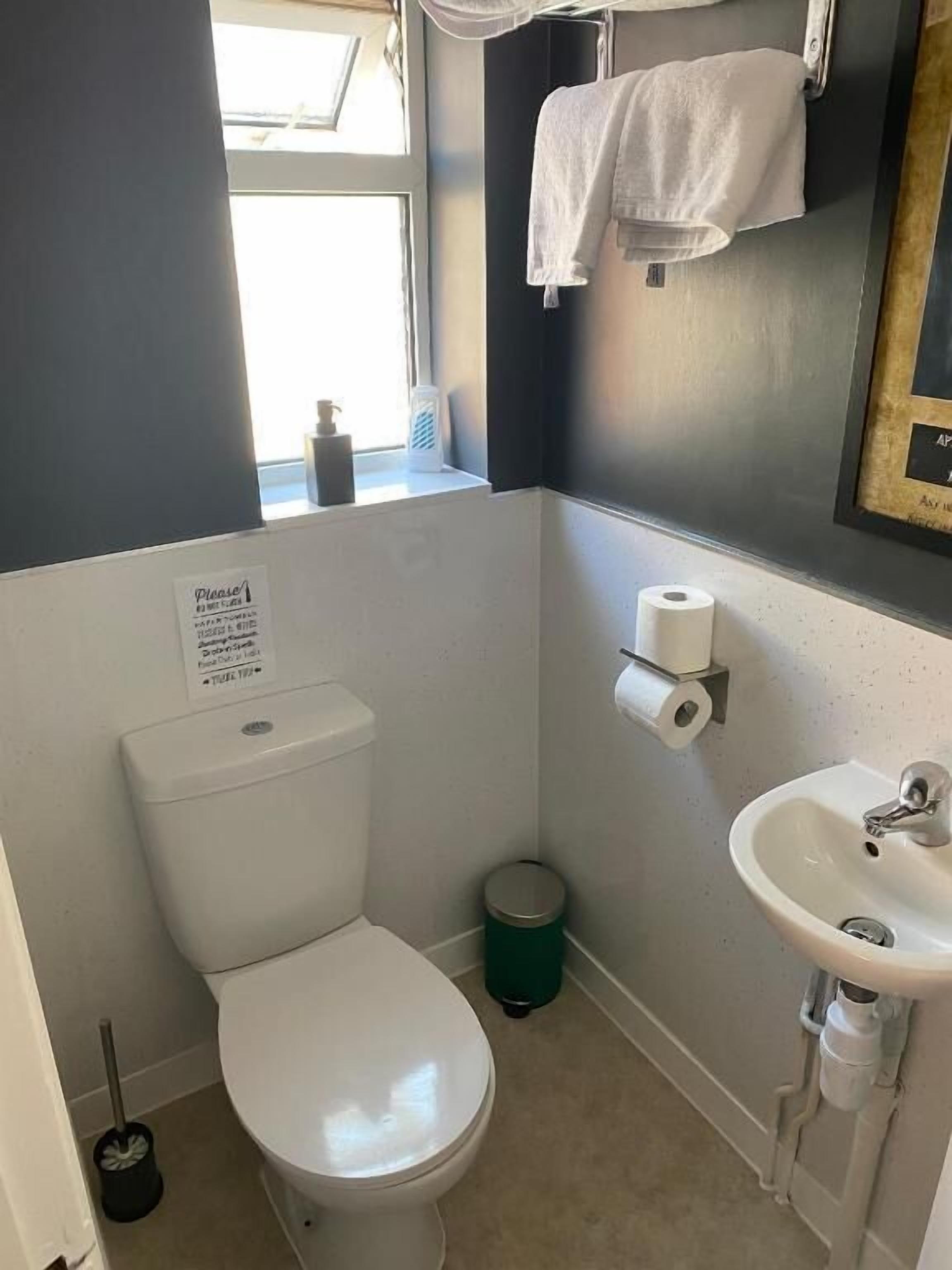 Een kleine badkamer met toilet, wastafel en raam.