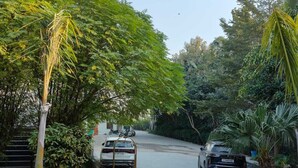 A residential driveway with two parked cars, a white car with a blue cart, and a black car. - The Manrals Resort (Ramnagar)