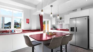 Family House, Patio | Private kitchen | Toaster, cleaning supplies, freezer