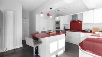 Family House, Patio | Private kitchen | Toaster, cleaning supplies, freezer