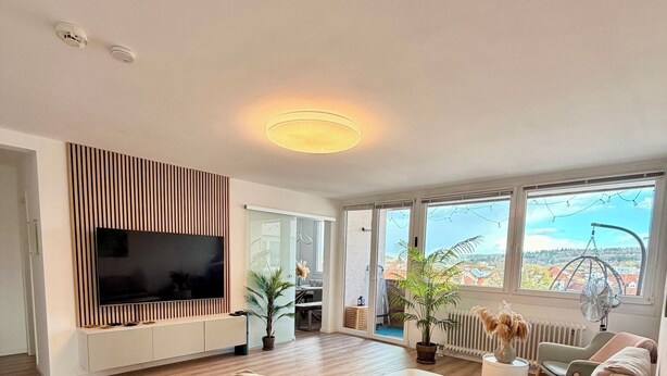Een moderne woonkamer met een grote flatscreen televisie, een bank, een salontafel en uitzicht op het groen door grote ramen.